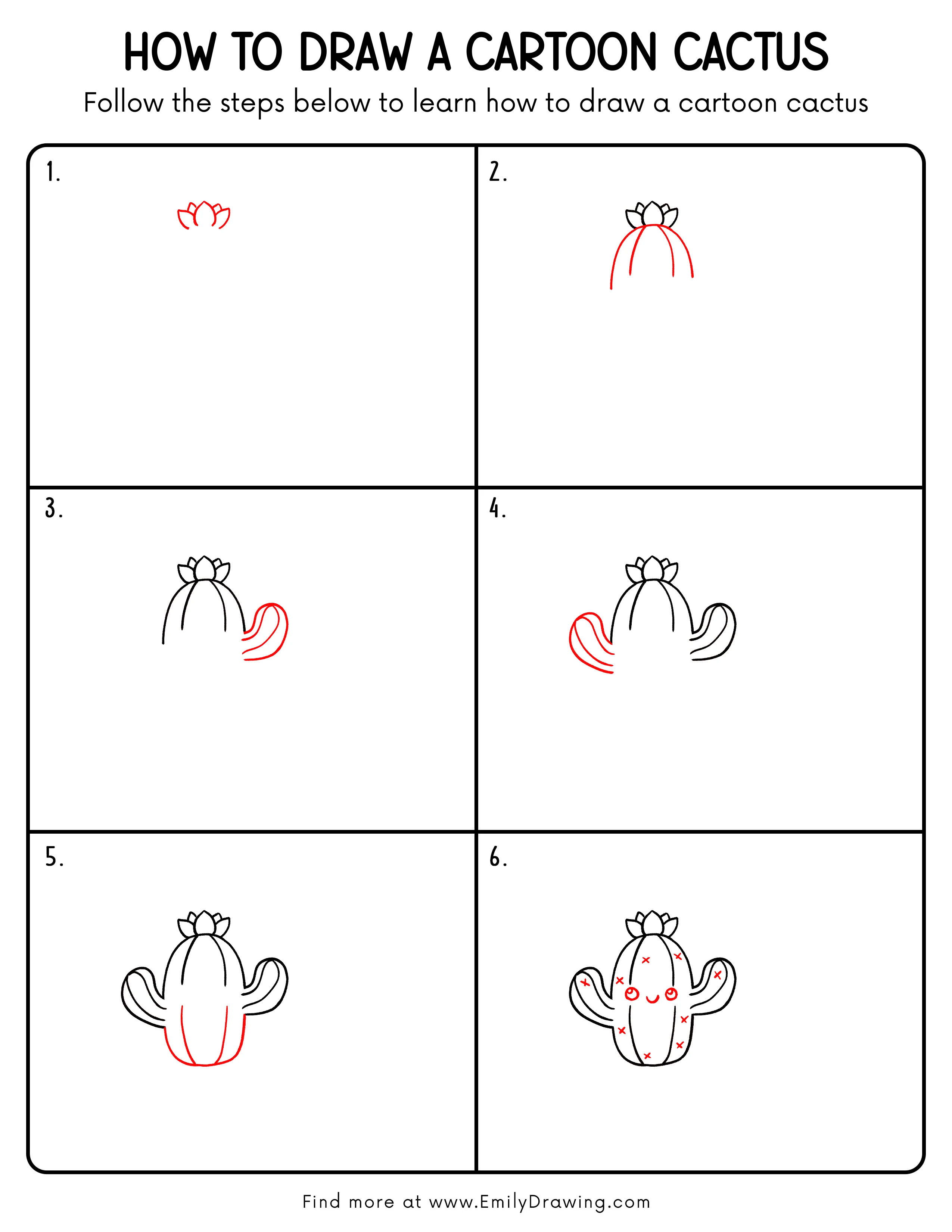 Printable Cartoon Cactus Drawing Guide